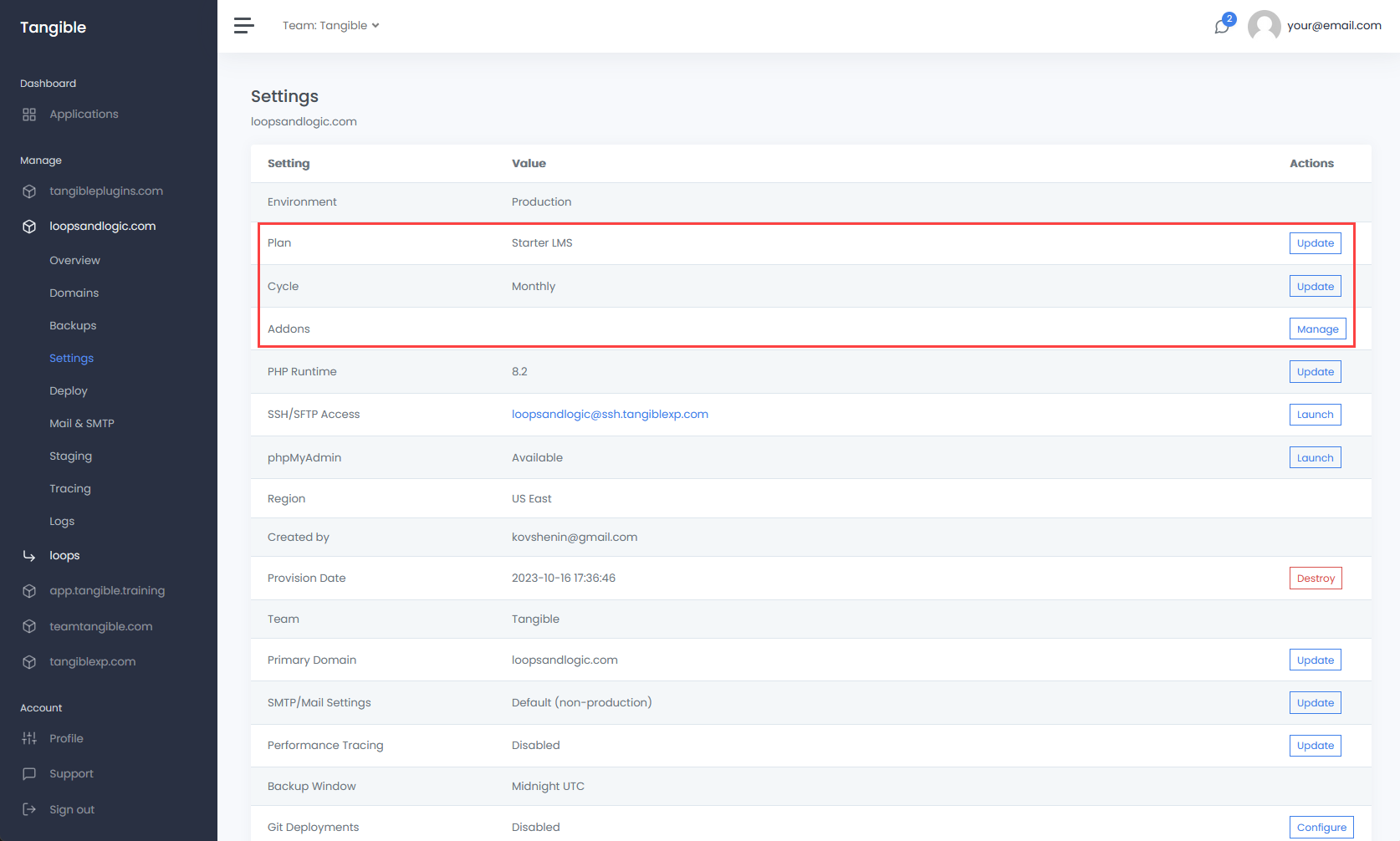 Billing controls available on the application Settings page