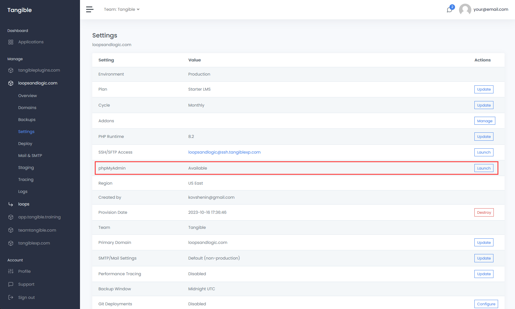 Launch phpMyAdmin via the Application Settings panel