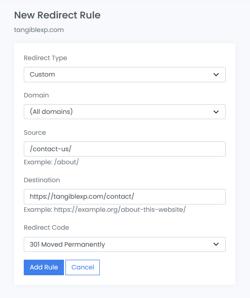 Navigate to the Redirect Rules panel by clicking the &quot;Manage Redirects&quot; button at the bottom of the Domains panel