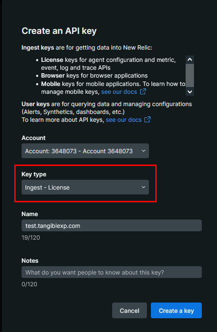 New Relic API Key Form