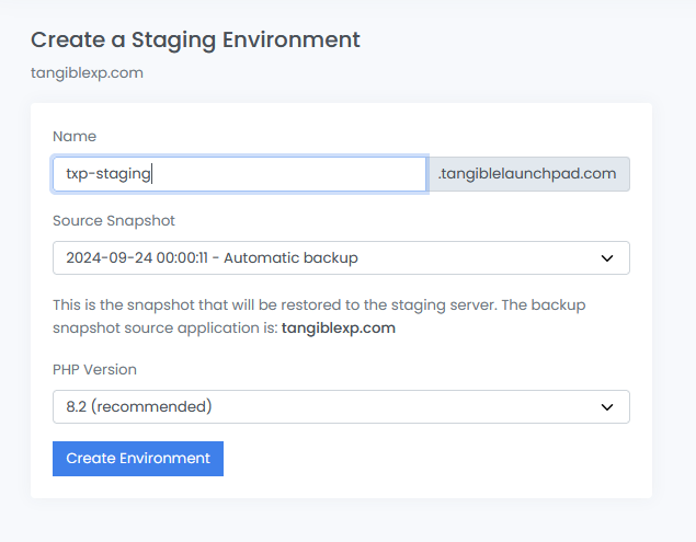 The Staging Environment Creation form