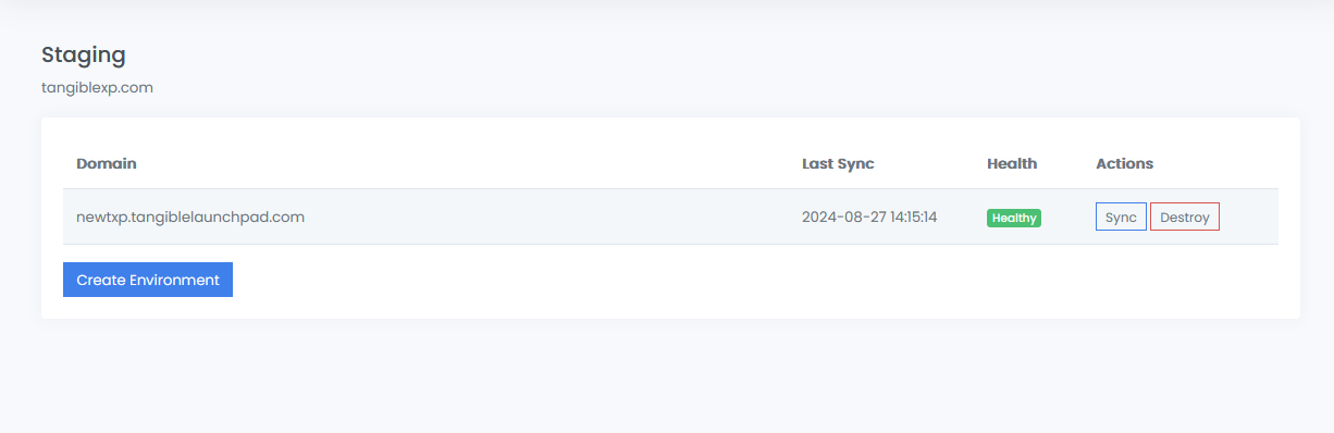 The staging management panel for a single environment.