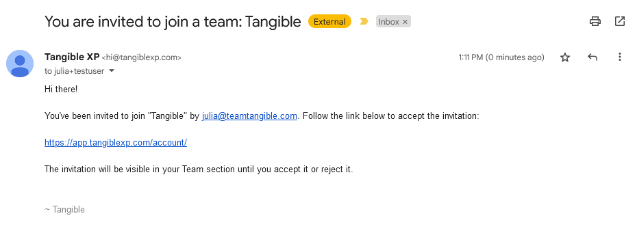 Email inviting user to join a team