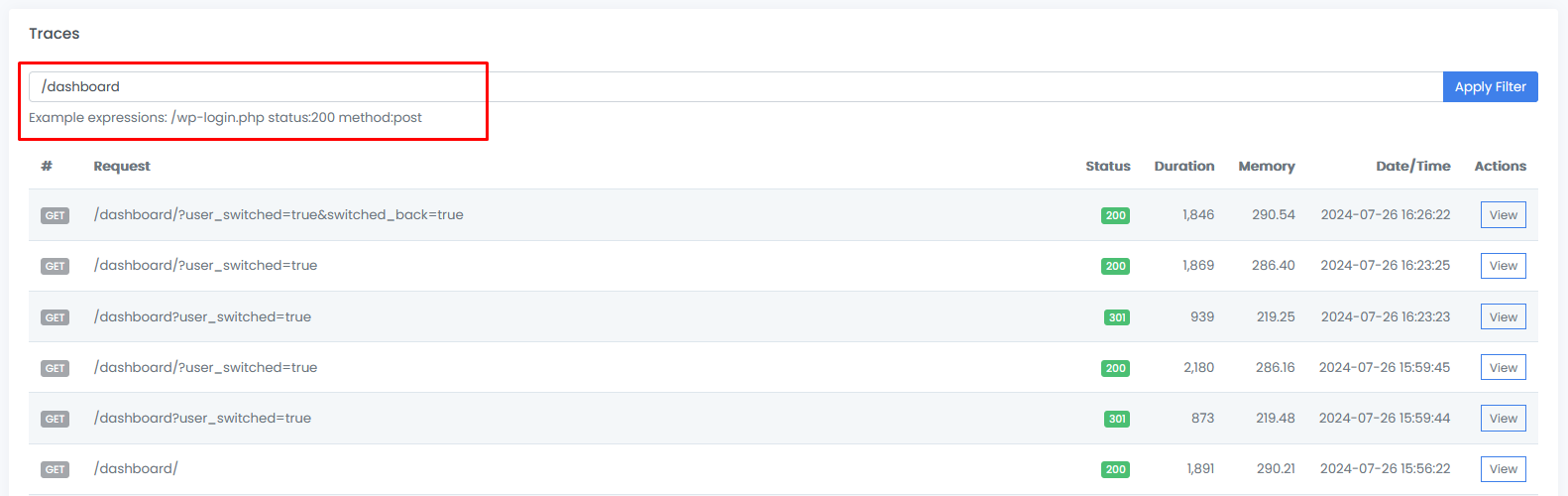 Trace Filtering