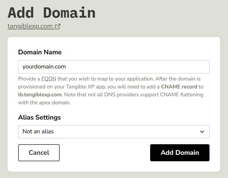 TXP Add Domain form with a domain input field