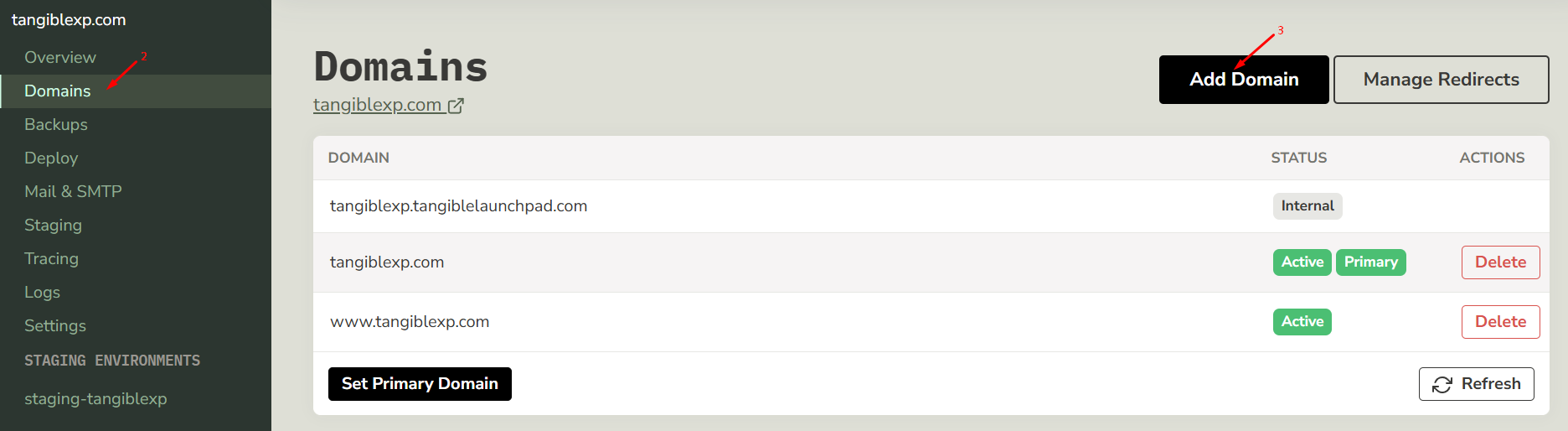 TXP application sidebar with the Domains navigation item highlighted
