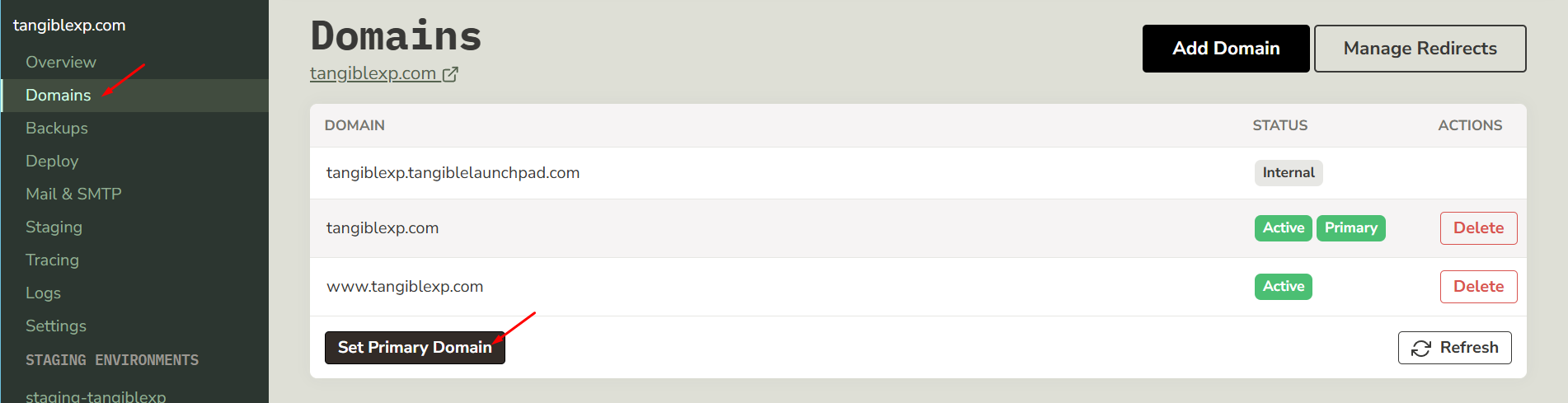 TXP Domains panel with the Change Primary button next to a domain entry